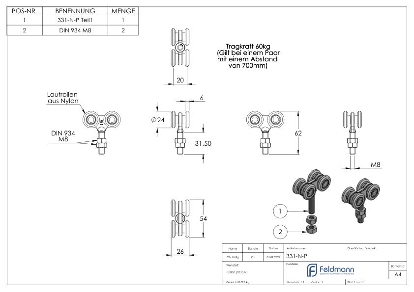 Doppellaufrolle mit Nylonrollen