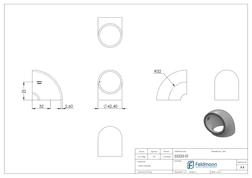 Schweißbogen 90°, 42,4x2,6mm