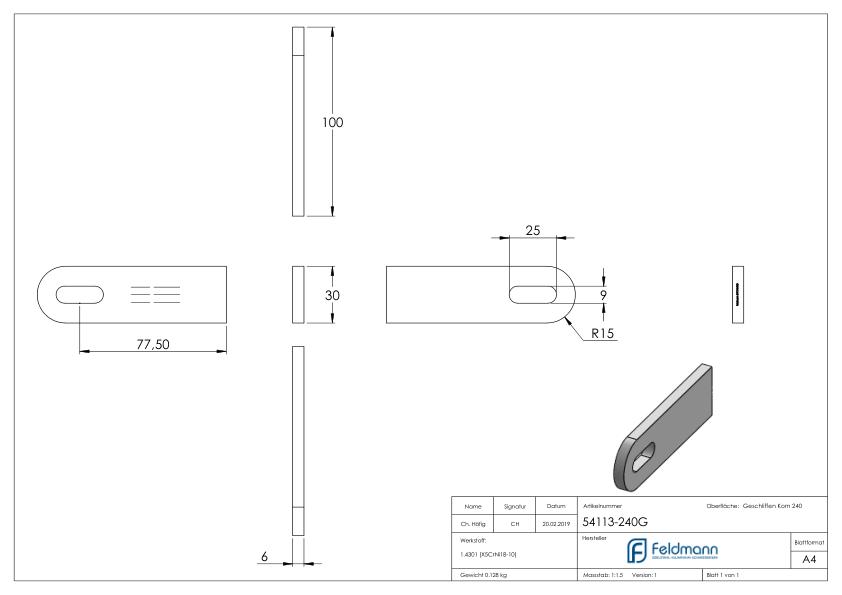 Anschweißlasche, 100x30x6mm, geschliffen, V2A