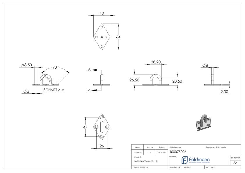 Befestigungsöse mit quadr. Platte V4A