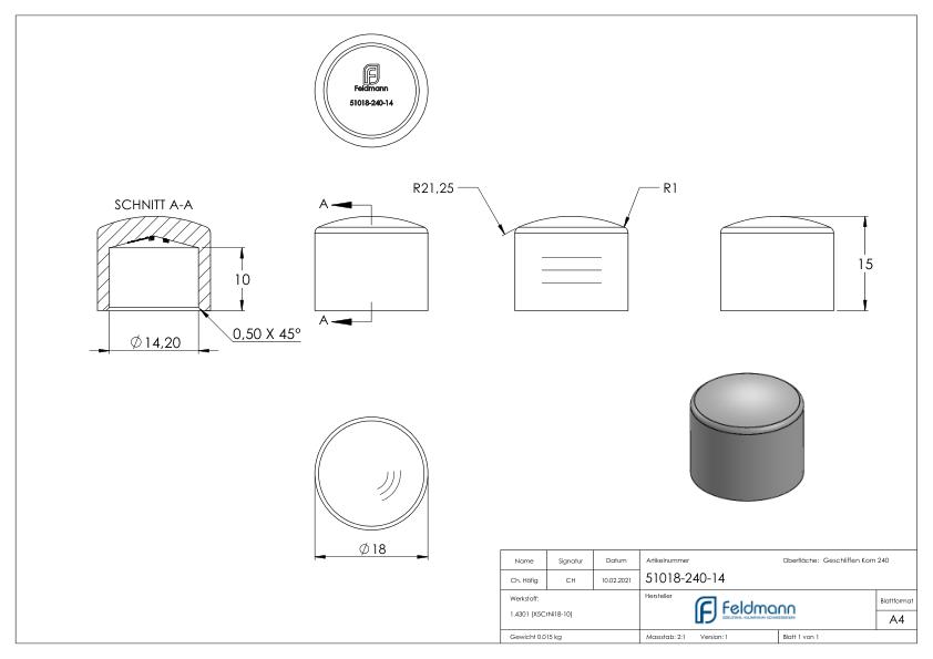 Endkappe für 14mm Rundmaterial, V2A