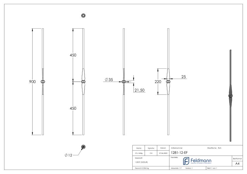 Zierstab Ø 12mm, glatt, H: 900mm