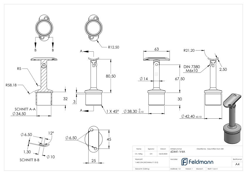 Rohrabschlussstopfen mit Gelenk und Platte, für 42,4x2,0mm, V4A