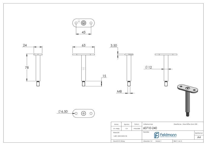 Stift Ø 12mm mit gerader Handlaufanschlussplatte, V2A