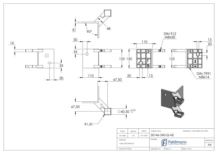 Wandbefestigung als Außenecke für Pfosten 40x40mm, V2A
