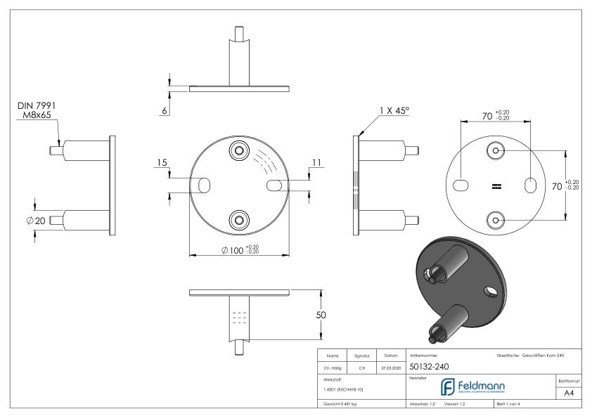 Wandbefestigung für Geländerpfosten 42,4mm, V2A