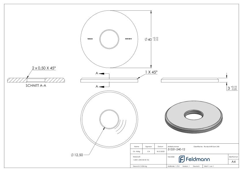 Beilagscheibe 40 x 3mm mit Fase, Bohrung 12,5mm