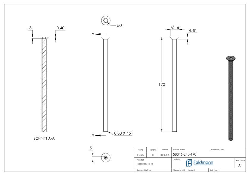 Senkkopfschraube M8x170, V2A, ISO 10642