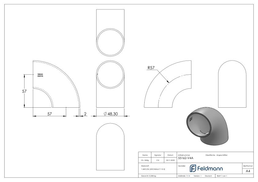 Schweißbogen 90°, 48,3 x 2,0mm, ungeschliffen, V4A