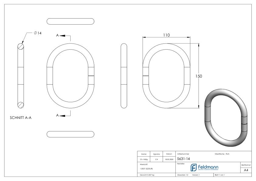 Ring 14mm, oval, 150x110mm