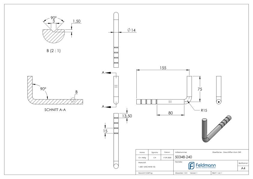 Handlaufhalter zum Einbetonieren, Bügel 14mm, V2A