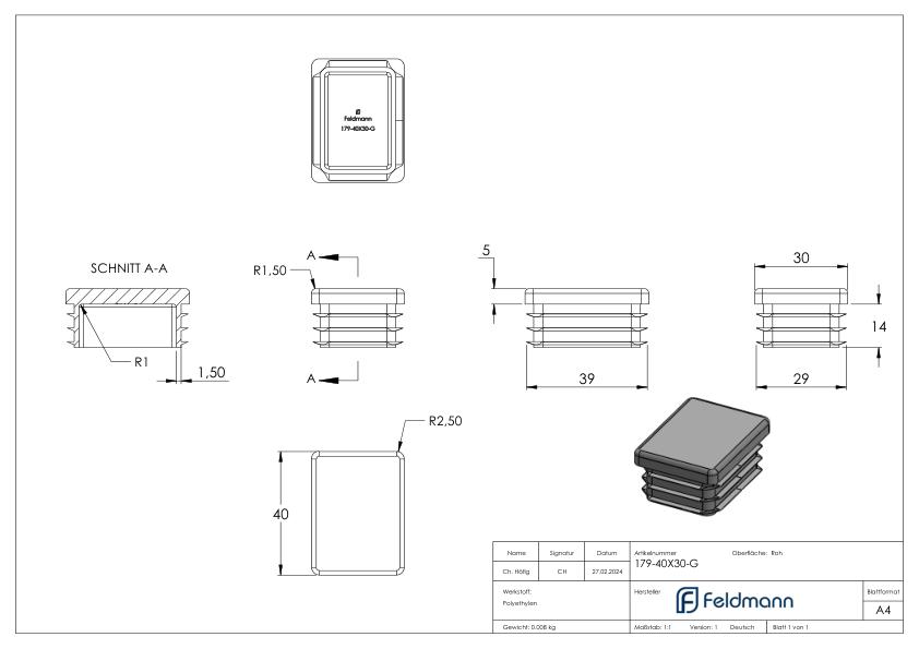 Kunststoffkappe für Rechteckrohr 40x30mm