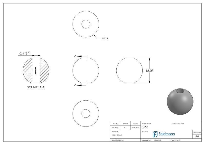 Massivkugel 19mm, mit Durchgangsbohrung 6,0mm