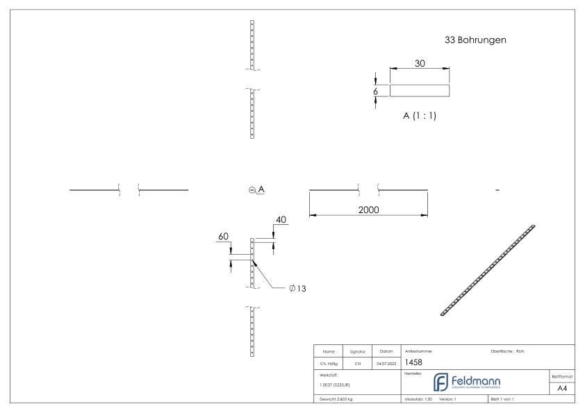Lochleiste 30x6mm, Lochabstand 60mm, 2000mm