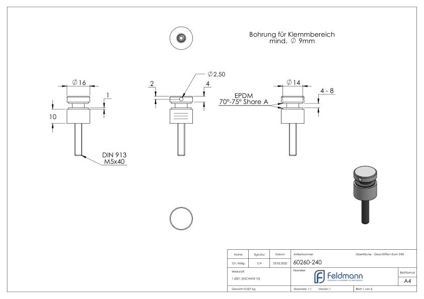 Glaspunkthalter 16mm, Anschluss: flach, V2A