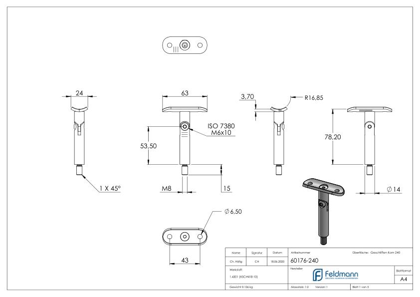 Gelenkstift mit Handlaufanschlussplatte 33,7mm, V2A