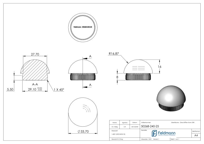 Rohrabschlussstopfen, für Rohr 33,7x2,5mm, V2A