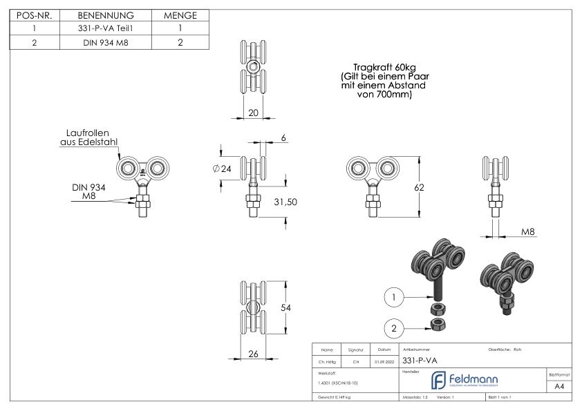 Doppellaufrolle mit Kugellager