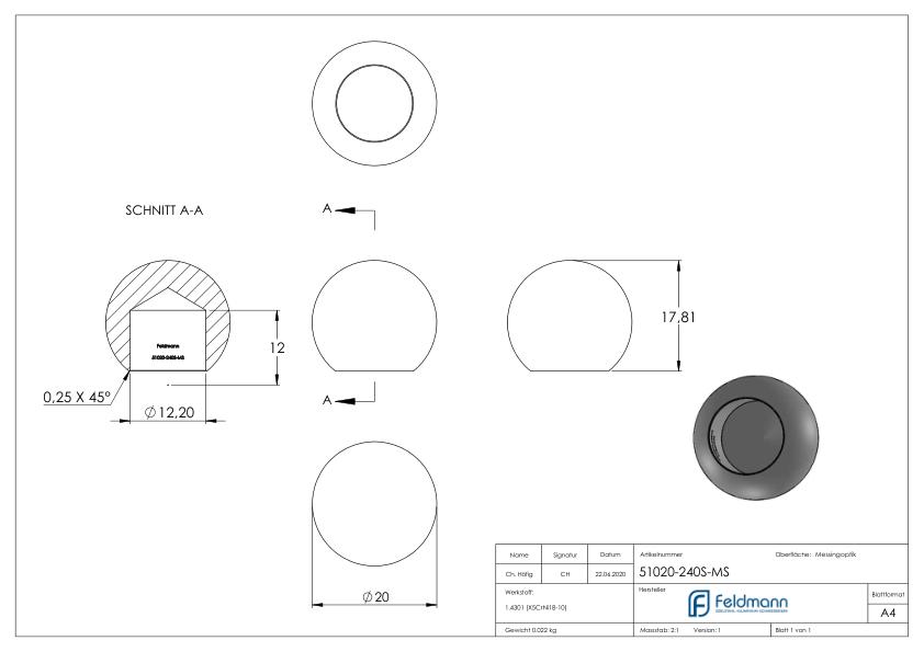 Messingkugel Ø 20mm mit Sackloch 12,2mm