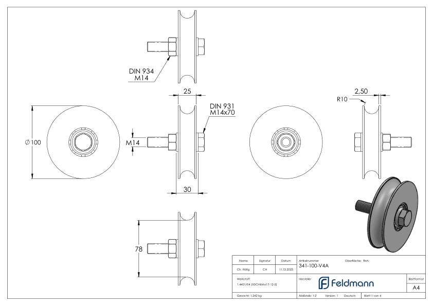 Schiebetorrolle Ø 100mm mit Rundrille Ø 20mm, V4A Schiebetorrolle Ø 100mm mit Rundrille Ø 20mm, V4A