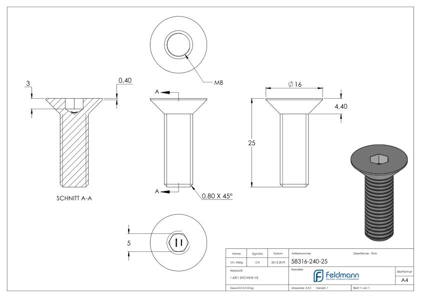 Senkkopfschraube M8x25, V2A, ISO 10642