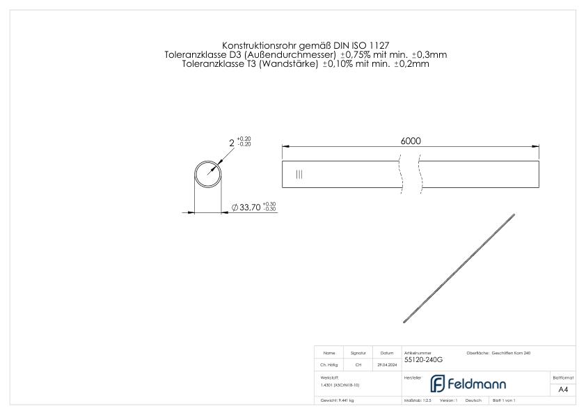Edelstahlrohr geglüht, 33,7 x 2,0mm, Länge: 6000mm