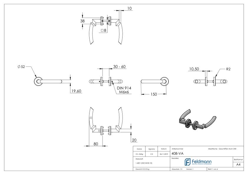 Türdrücker-Paar, drehbar, V2A