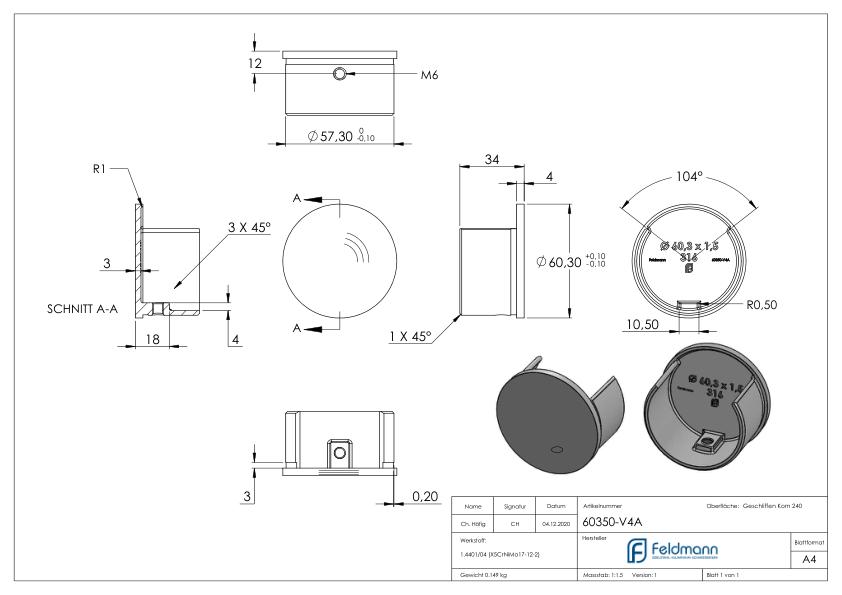 Endkappe für Nutrohr 60,3x1,5mm, V4A
