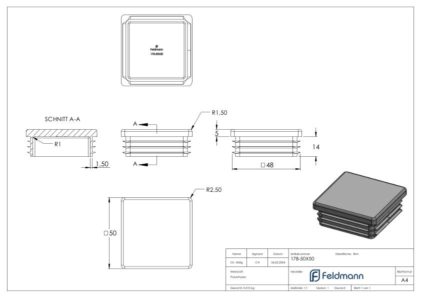 Kunststoffkappe für Quadratrohr 50x50mm