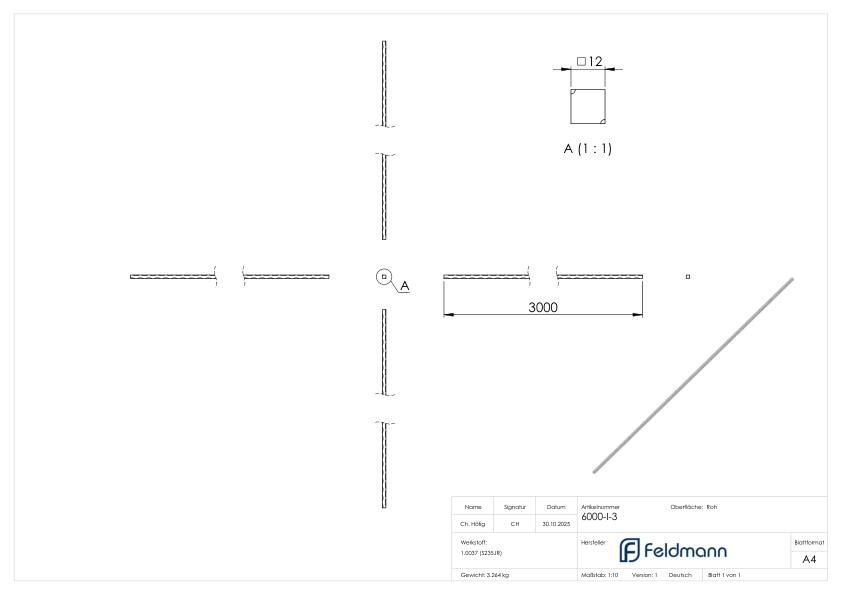 Vierkant 12x12mm gehämmert, L=3m