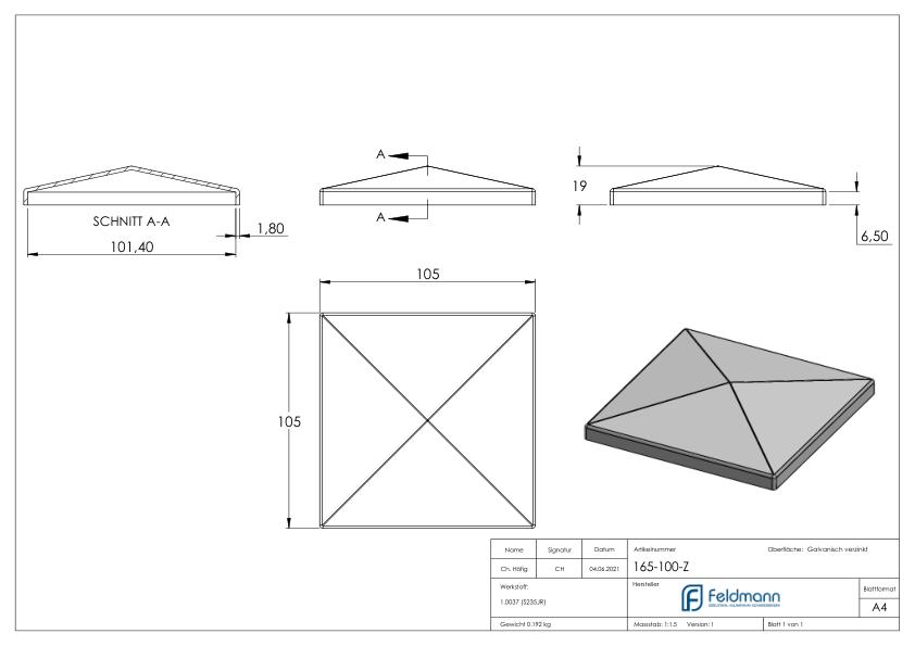 Pfeilerbedecker für Rohr 100x100mm, verzinkt