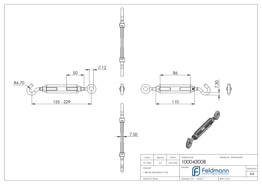 Spannschloss mit Öse / Haken, Rundeisen: 8mm, V4A