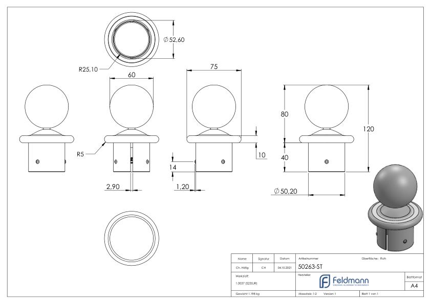Kugelrohrknopf Eisen für 60,3mm