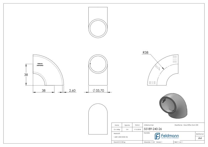 Schweißbogen 90°, 33,7x2,6mm, V2A