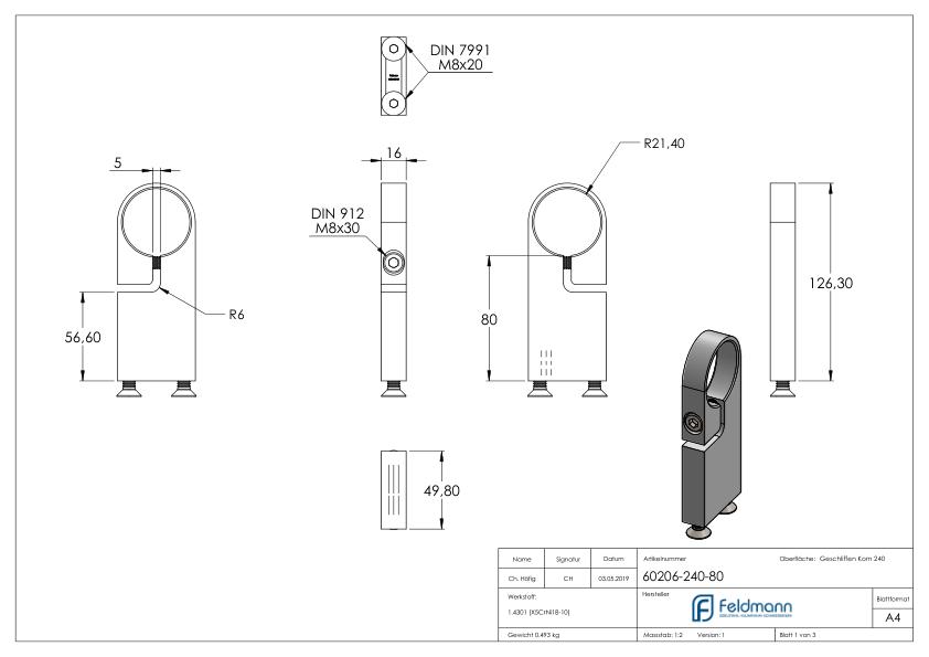 Spannring für Rohr 42,4mm, V2A