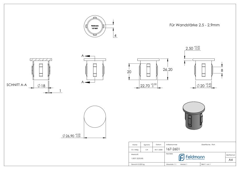 Stahleinschlagkappe, für Rohr 26,9mm