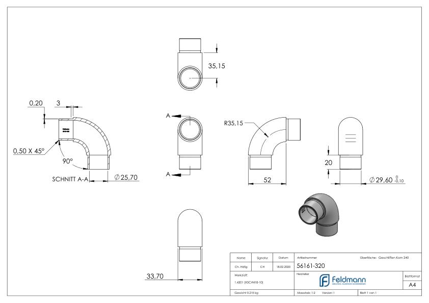 Rohrbogen 90°, für Rohr 33,7x2,0mm, V2A