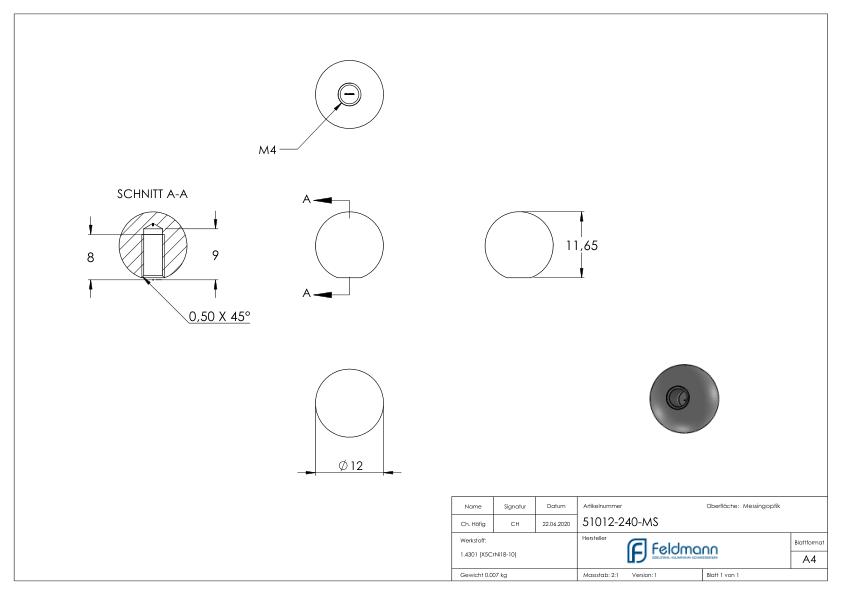 Messingkugel Ø 12mm mit M4