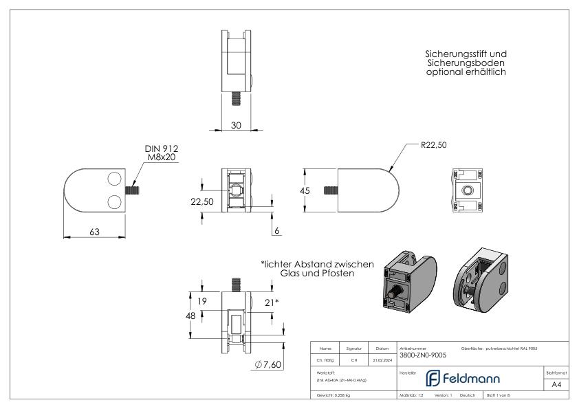 Glasklemme Mod. 38, Anschluss: gerade, Zink roh pulverbeschichtet RAL 9005 matt