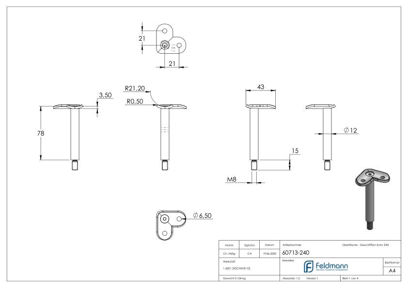 Stift Ø 12mm mit 90° Handlaufanschlussplatte für Rohr 42,4mm, V2A