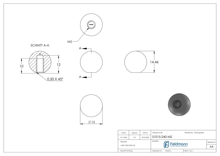 Messingkugel Ø 15mm mit M5