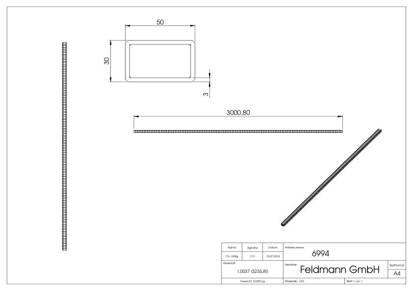 Rechteckrohr 50x30x2,5mm, L: 3000mm, gehämmert