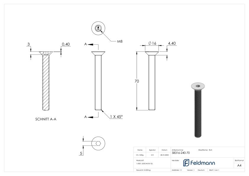 Senkkopfschraube M8x70, V2A, ISO 10642