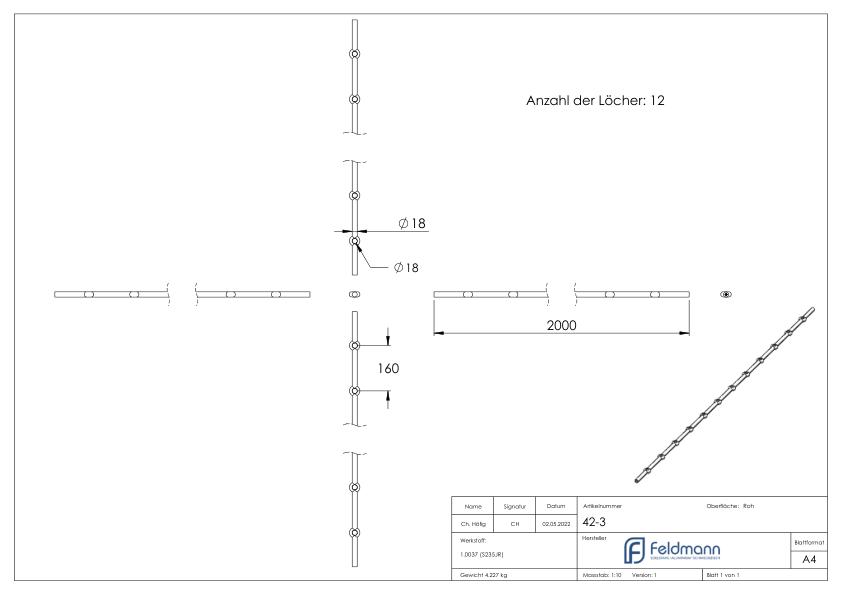 Lochleiste S235JR, 18mm, Lochabstand 160mm, 2000mm