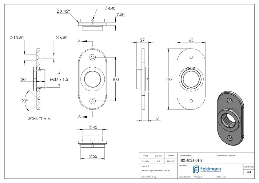 Montageplatte oval: 65x140mm Montageplatte oval: 65x140mm