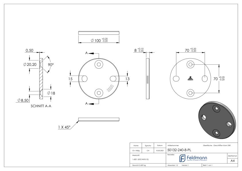 Ankerplatte, 100x8mm mit Fase, für Distanzhülse, V2A