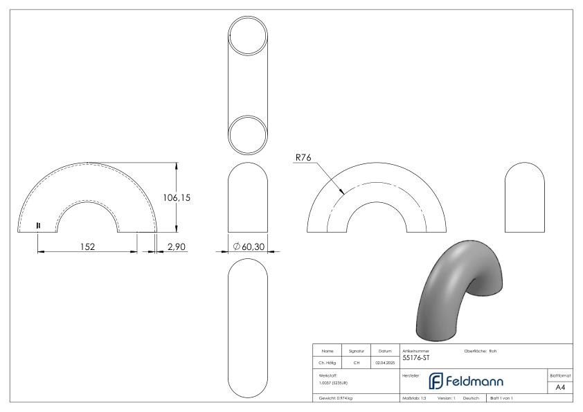 Schweißbogen 180°, 60,3 x 2,9mm, Bauart 3