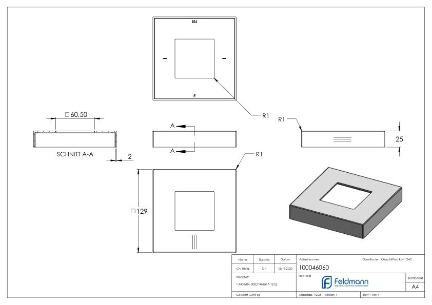 Abdeckrosette, 129x129x25mm, V4A