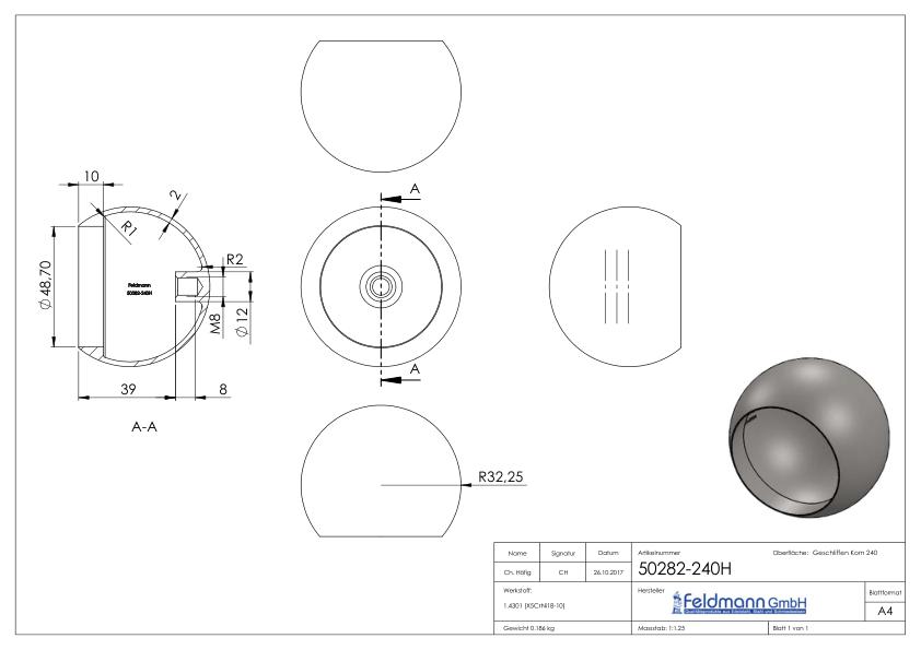 Rohrabschlusskugel hohl für 48,3mm Rohr, mit M8