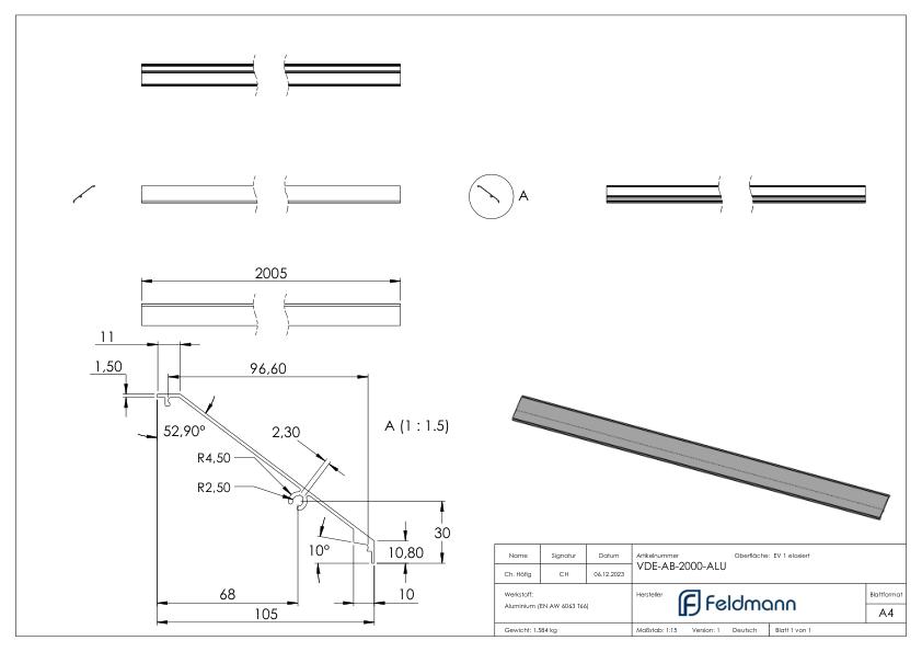 Design-Abdeckung für eleganza canopy, L: 2005mm, Aluminium E4/EV1